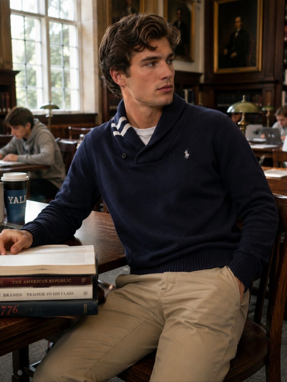 Mens Polo Assn. Navy Shawl Collar Sweater with Embroidered Logo